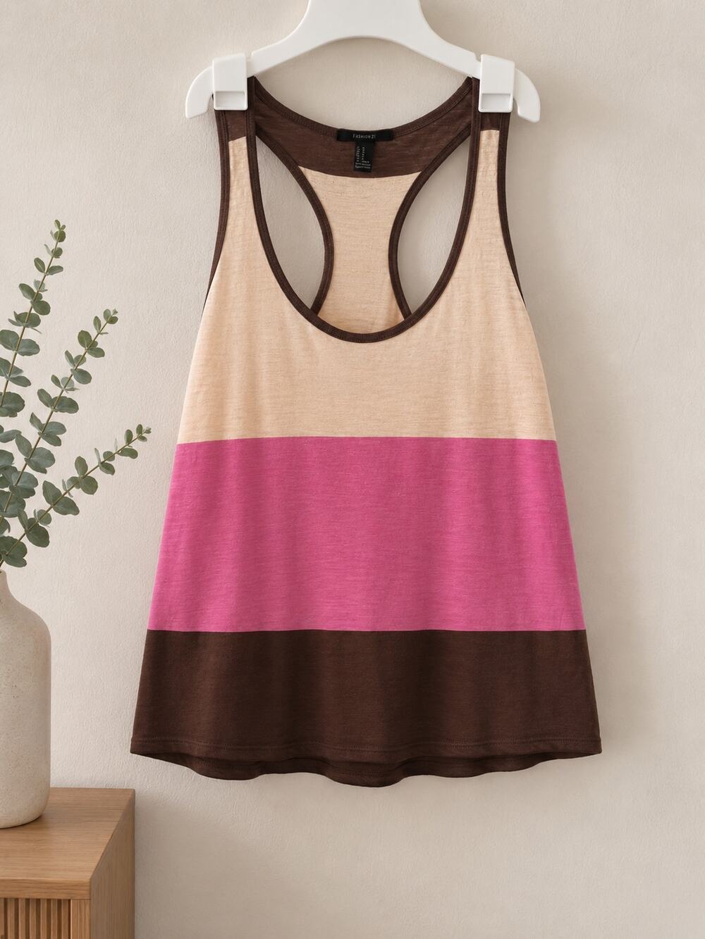 Forever 21 Women’s Colorblock Racerback Tank Top 100% Cotton Pink Brown Size M